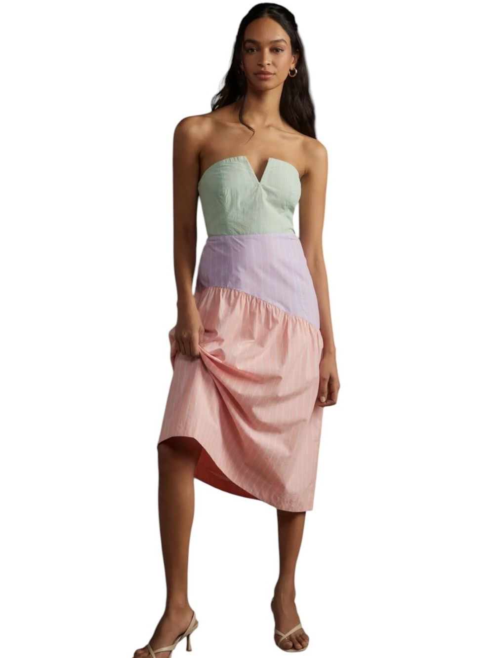 Maeve Strapless Colorblock Pinstripe Midi Dress small pink purple green